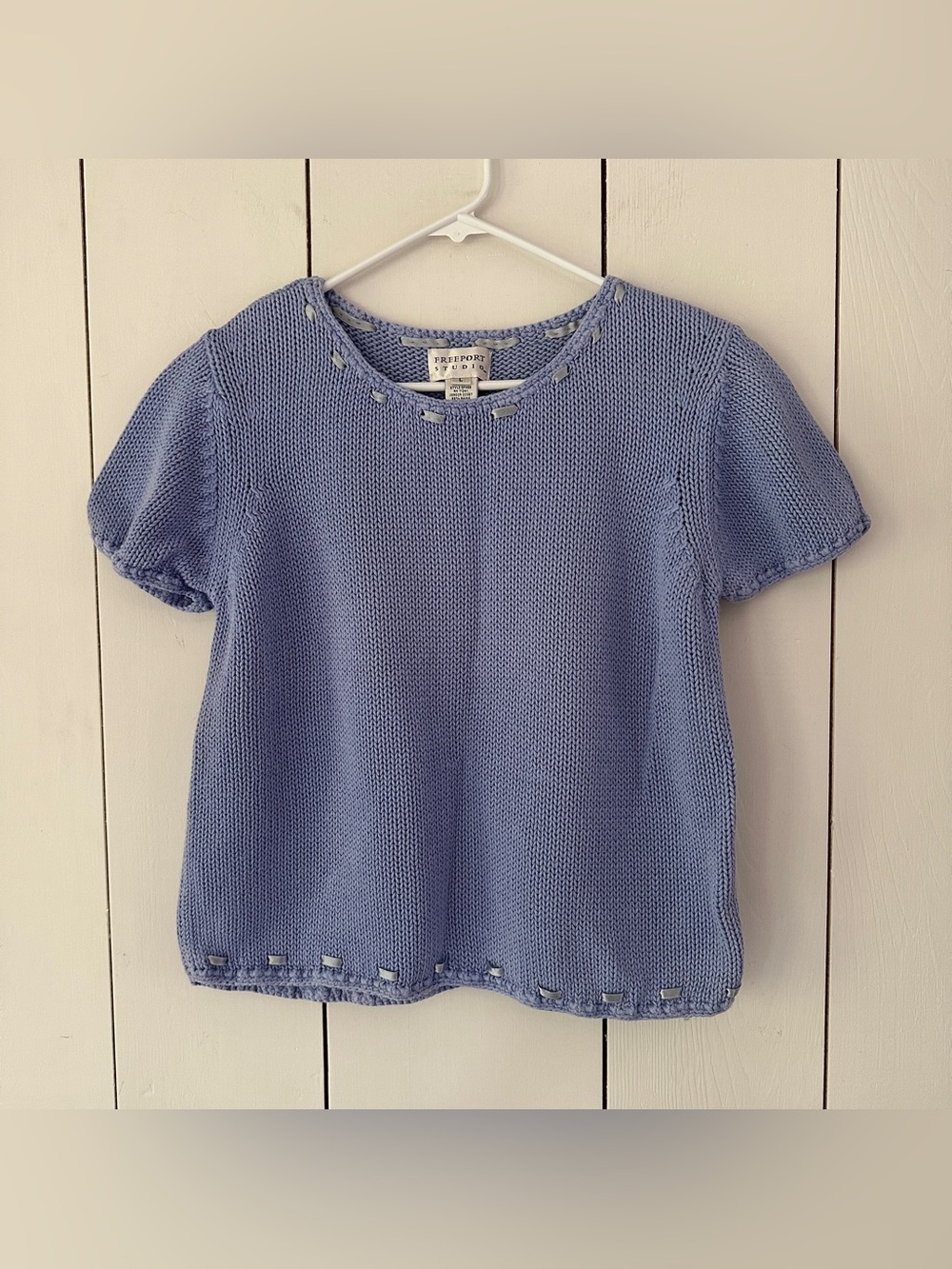 Vintage 90s Freeport Studio Periwinkle Blue Knit Puff Sleeve Top L
